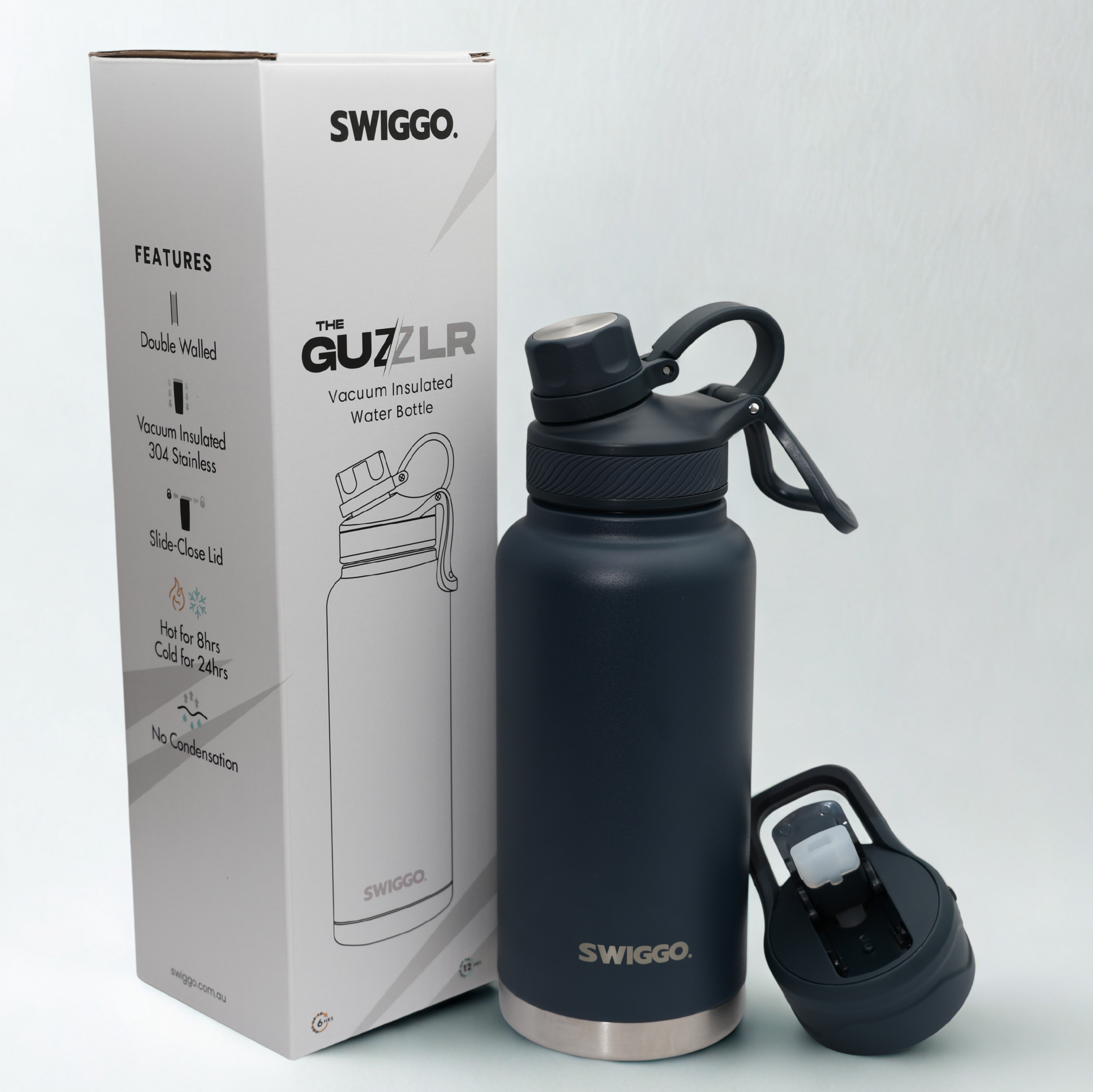 The Guzzlr Vacuum Insulated Water Bottle (with 2 lids)